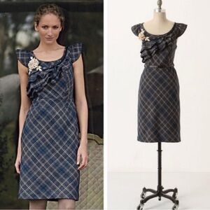 Floreat Anthropologie Blue and Gray Ruffled Sheath Dress Wool blend plaid NWOT